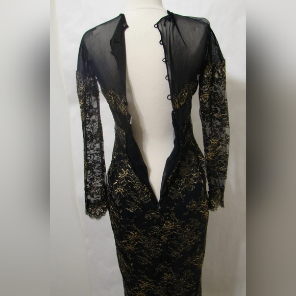 Isabelle Allard Black lace gown gold floral  trim - Picture 2 of 12